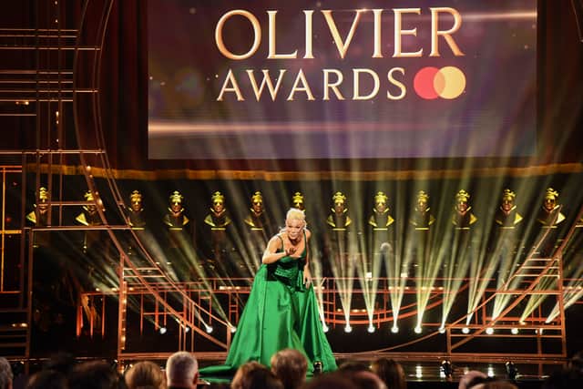 LONDON, ENGLAND - APRIL 02: (EXCLUSIVE COVERAGE) Host Hannah Waddingham performs onstage at The Olivier Awards 2023 at the Royal Albert Hall on April 02, 2023 in London, England. (Photo by Jeff Spicer/Getty Images for SOLT)
