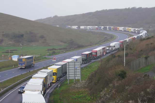 Lorries queueing on the A20 to get to the Port of Dover in Kent as the Easter getaway begins. Credit: PA