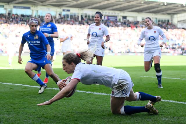 Abby Dow scores England’s 11th try against Italy on 2 April in Women’s Six Nations