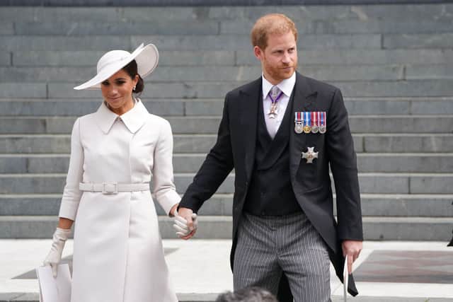 Meghan Markle wore Dior to  Queen Elizabeth's Platinum Jubilee National Service of Thanksgiving in 2022.  (Photo by Kirsty O'Connor - WPA Pool/Getty Images)