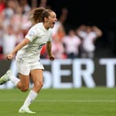 Ella Toone celebrates scoring England’s first goal in Euros 2022 final