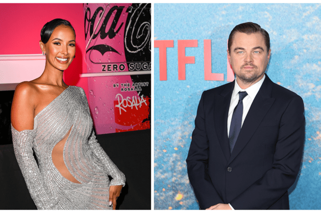 Model and presenter Maya Jama and actor Leonardo DiCaprio (Photo by Mike Coppola/Getty Images / Kate Green/Getty Images for Coca-Cola)