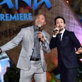 Actor Dwayne Johnson (L) and songwriter Lin-Manuel Miranda perform onstage at The World Premiere of DisneyÂs "MOANA" at the El Capitan Theatre on Monday, November 14, 2016 in Hollywood, CA.  (Photo by Alberto E. Rodriguez/Getty Images for Disney)