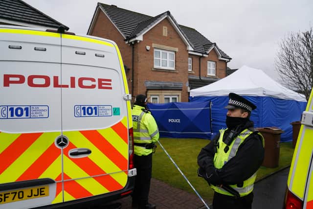 Officers from Police Scotland at the home of former chief executive of the Scottish National Party (SNP) Peter Murrell, in Uddingston, Glasgow, after he was arrested in connection with the ongoing investigation into the funding and finances of the party. Picture date: Wednesday April 5, 2023. Credit: PA