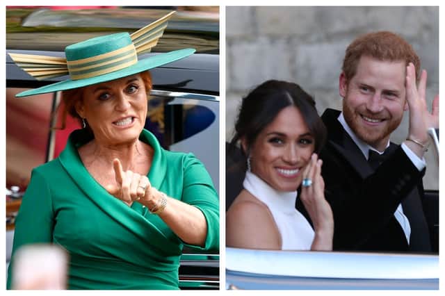 It would appear that Sarah Ferguson is keen to distance herself from Prince Harry and Meghan Markle. Photographs by Getty