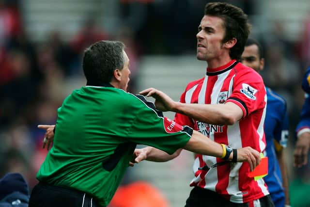 David Prutton of Southampton pushes the referee Alan Wiley. (Getty Images)