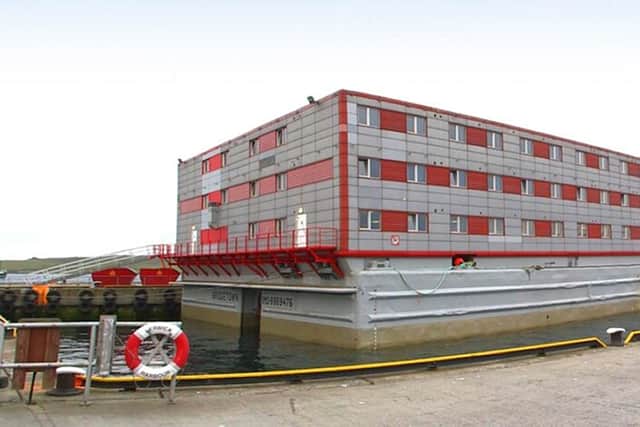 The Bibby Stockholm accommodation barge is a 222 bedroom, three-storey vessel, which can house up to 506 people. The Home Office has leased it to house asylum seekers (Photo: PA)
