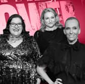 Naomi Alderman, Raelle Tucker, and Toni Collette at the New York premiere of The Power, in greyscale against a pinkwash background (Credit: Alyssa Greenberg/Prime Video/NationalWorld Graphics)