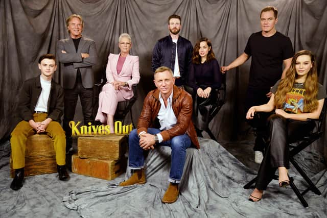 (L-R) Actors Jaeden Martell, Don Johnson, Jamie Lee Curtis, Daniel Craig, Chris Evans, Ana de Armas, Michael Shannon and Katherine Langford attend the photocall for Lionsgate's "Knives Out" at Four Seasons Hotel Los Angeles at Beverly Hills on November 15, 2019 in Los Angeles, California. (Photo by Chelsea Guglielmino/Getty Images)