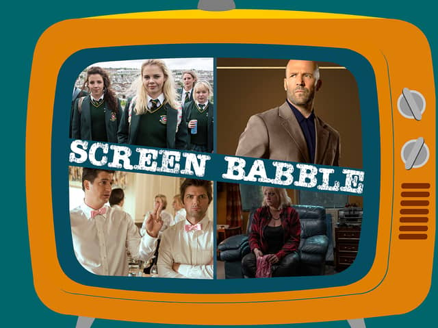 The orange Screen Babble television, depicting Derry Girls, Operation Fortune, Party Down, and Rain Dogs, as featured in Episode 20 (Credit: NationalWorld Graphics)