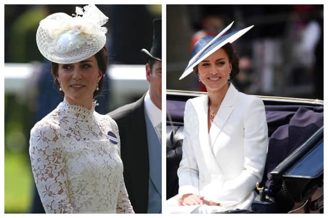 Kate Middleton  wore a lace Alexander McQueen dress to Royal Ascot in 2017 and a blazer dress by the designer for the Queen's Platinum Jubilee in 2022. Photographs by Getty