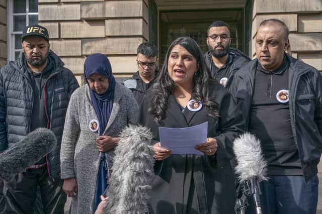 Natasha Rattu, Executive Director of the Karma Nirvana charity reads out a statement behalf of the family of Fawziyah Javed outside the High Court in Edinburgh (Image: PA)