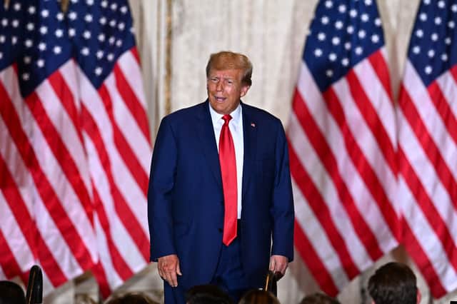 Former US president Donald Trump speaks during a press conference following his court appearance over an alleged 'hush-money' payment, at his Mar-a-Lago estate in Palm Beach, Florida (Image: Getty)