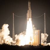 Ariane 5 rocket lifts off for it's 100th mission to space from Kourou, French Guiana, on September 25, 2018. - It's payload is two satellites: Horizons 3e, a high-throughput communications satellite build by Boeing, and Azerspace-2 / Intelsat 38. (Photo by JODY AMIET/AFP via Getty Images)