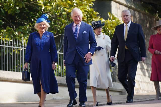 Princess Anne and Prince Andrew walked behind King Charles and Camilla at the Easter Sunday service. Photograph by Getty