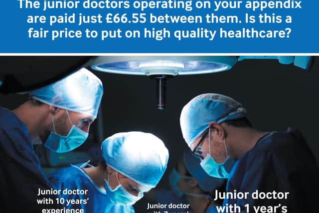 A BMA advertising campaign highlighting the amount three junior doctors would earn between them for taking out an appendix (Photo: British Medical Association / PA)