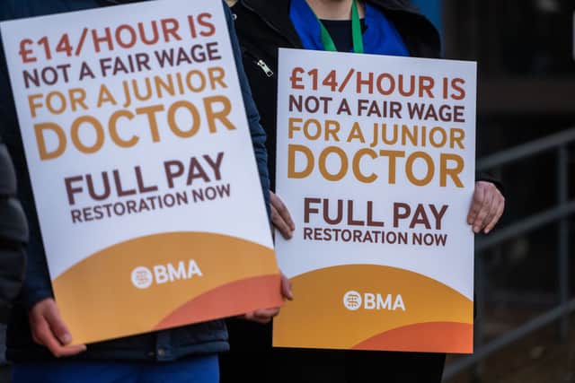 Junior doctors on a picket line outside Manchester Royal Infirmary on April 11, 2023 in Manchester, England. (Photo by Anthony Devlin/Getty Images)