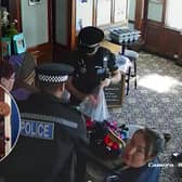 CCTV footage shows police storming a couple's Essex pub and seizing their golly dolls, saying the toys were a suspected hate crime (Photos: SWNS)