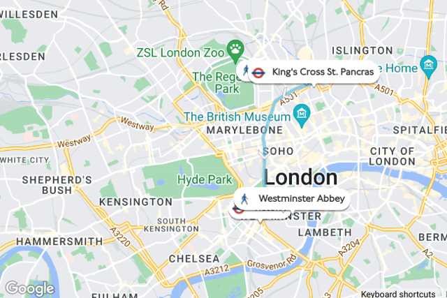 The route planner from London King's Cross to Westminster Abbey (Credit: Google Maps)