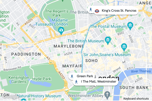 The route planner to The Mall, Westminster (Credit: Google Maps)