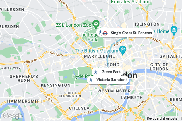 The route map from London King's Cross to Victoria - the closest station to Buckingham Palace (Credit :Google Maps)