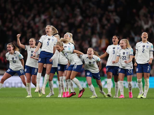 England celebrate Chloe Kelly’s penalty as the Lionesses won the Finalissima 