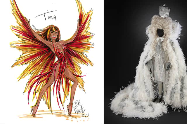 Left: Sketch by Bob Mackie of a design for singer Tina Turner. Right: Elton John’s 50th birthday look with wig and boat hat (Photo: PA)
