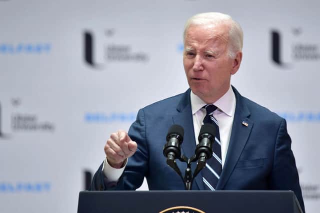 Joe Biden delivers his keynote speech at Ulster University in Belfast, Northern Ireland (Photo by Charles McQuillan/Getty Images)