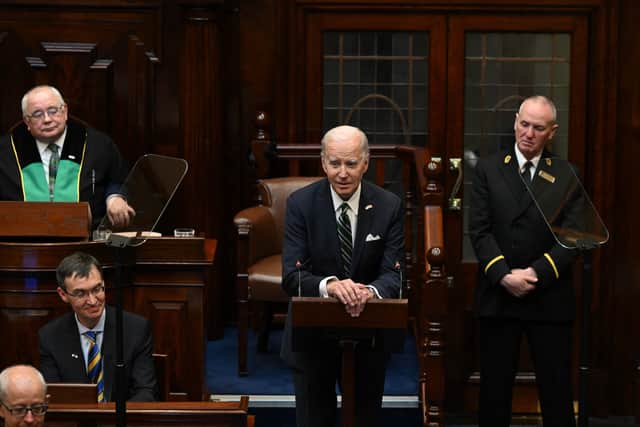 Joe Biden made a historic address to the Irish Parliament n the final day of his visit. (Credit: Getty Images)