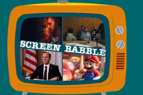 The orange Screen Babble television, featuring images from Obsession, Jury Duty, Designated Survivor, and The Super Mario Bros Movie, as discussed in episode 21 (Credit: NationalWorld Graphics)