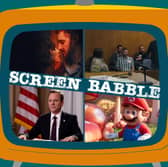 The orange Screen Babble television, featuring images from Obsession, Jury Duty, Designated Survivor, and The Super Mario Bros Movie, as discussed in episode 21 (Credit: NationalWorld Graphics)