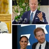 Mary Quant (top left), President Joe Biden (top right),  Ryan Reynolds (bottom left), and Prince Harry and Meghan Markle (bottom right), have all been in the news between 10 and 14 April 2023.