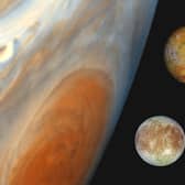 NASA file composite image shows the Jovian system, including the edge of Jupiter with its Great Red Spot, and Jupiter’s moons (Photo: NASA/AFP via Getty Images)