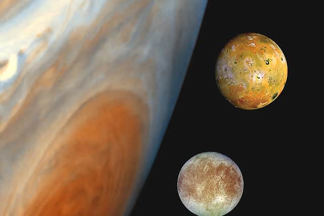 NASA file composite image shows the Jovian system, including the edge of Jupiter with its Great Red Spot, and Jupiter’s moons (Photo: NASA/AFP via Getty Images)