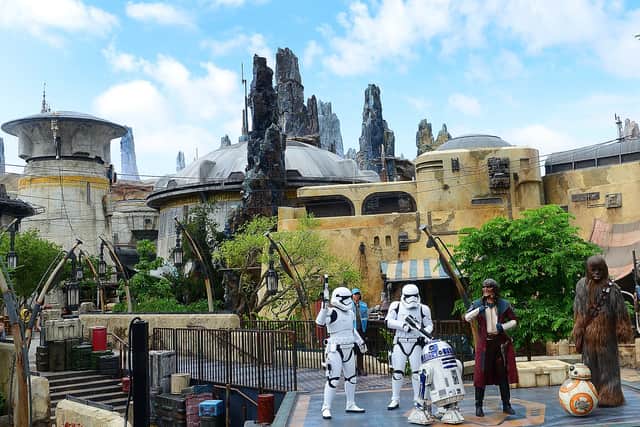 Star Wars characters R2-D2, Hondo Ohnaka, BB-2, Chewbacca and Storm Troppers perform during the Star Wars: Galaxy's Edge Dedication Ceremony at Disneyâs Hollywood Studios on August 28, 2019 in Orlando, Florida. (Photo by Gerardo Mora/Getty Images)