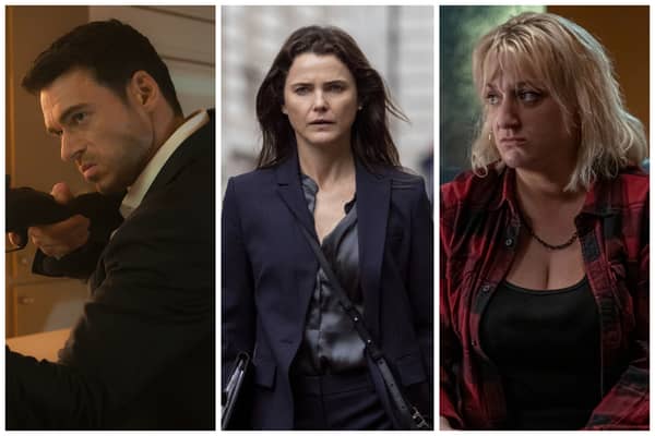 Richard Madden as Mason Kane in Citadel; Keri Russell as Kate Wyler in The Diplomat; Daisy May Cooper as Costello in Rain Dogs (Credit: Amazon Prime Video; Netflix; BBC One)