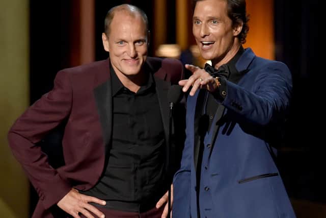 Actors Woody Harrelson (L) and Matthew McConaughey speak onstage at the 66th Annual Primetime Emmy Awards held at Nokia Theatre L.A. Live on August 25, 2014 in Los Angeles, California. (Photo by Kevin Winter/Getty Images)