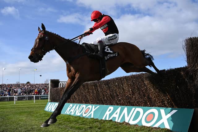Aidan Coleman rides Sam Brown over the last to win the Betway Handicap Steeple Chase at Aintree Racecourse. Picture: Shaun Botterill/Getty Images