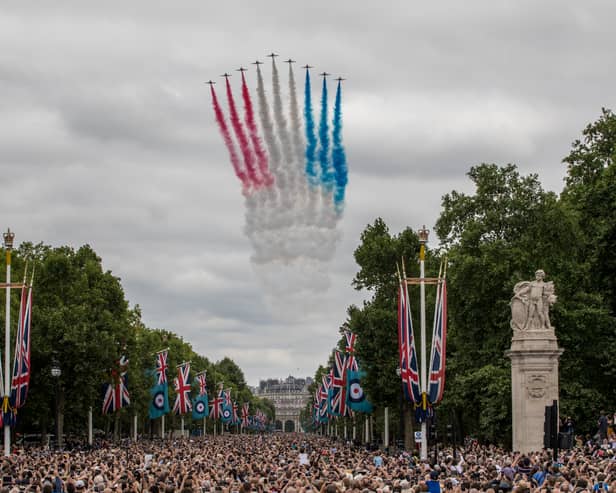 Red Arrows perform flypast over The Mall in London. Picture: Ministry of Defence via Getty Images