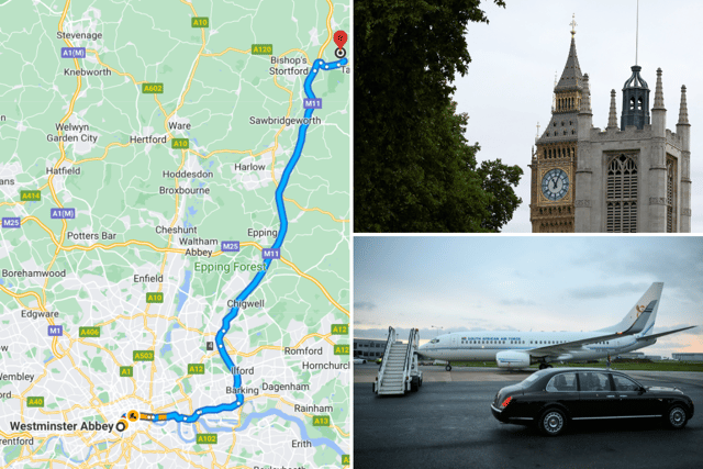 Phase one; from Westminster Abbey to London Stansted in both coronoation and London traffic (Credit: Getty Images/Google Maps)
