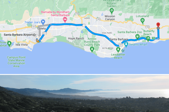 The final phase - from Santa Barbara Airport to Montecito (Credit: Google Maps/Antandrus @ English Wikipedia)
