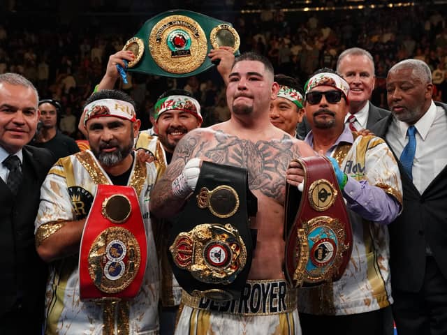 Andy Ruiz celebrates after knocking down England’s Anthony Joshua. (Getty Images)