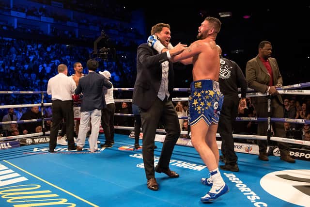 Tony Bellew  celebrates victory over David Haye with promoter Eddie Hearn (Getty Images)