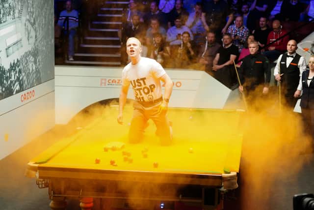 Protesters disrupted the World Snooker Championships. (Credit: PA)