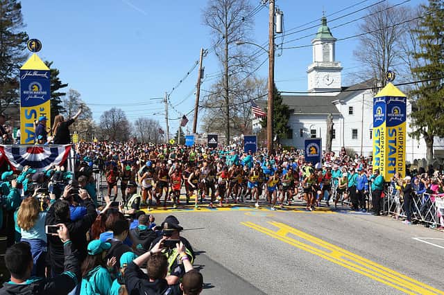 The Elite Men's division starts the 120th Boston Marathon on April 18, 2016 in Hopkinton, Massachusetts. (Photo by Tim Bradbury/Getty Images)