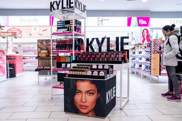 NEW YORK, NY - NOVEMBER 18:  Kylie Cosmetics are displayed at Ulta beauty on November 18, 2019 in New York City. Kylie Cosmetics has sold a controlling stake to Coty Inc for a reported $600 Million. Coty Inc plans to buy 51% and the controlling share of Kylie Cosmetics, valuing it at $1.2 billion. Kylie Jenner will remain the public face of the brand. (Photo by David Dee Delgado/Getty Images)