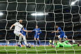 Karim Benzema scores Real Madrid’s first goal against Chelsea