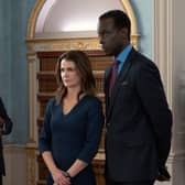 Keri Russell as Kate Wyler and Ato Essandoh as Stuart Heyford in The Diplomat (Credit: Alex Bailey/Netflix)