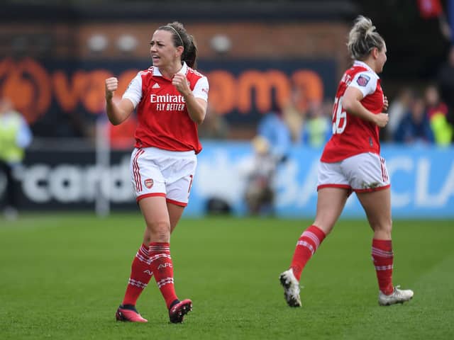 Katie McCabe celebrates scoring Arsenal’s second goal against Man City in WSL fixture