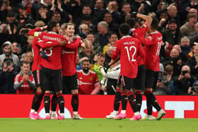 United celebrate Marcel Sabitzer’s second goal against Sevilla